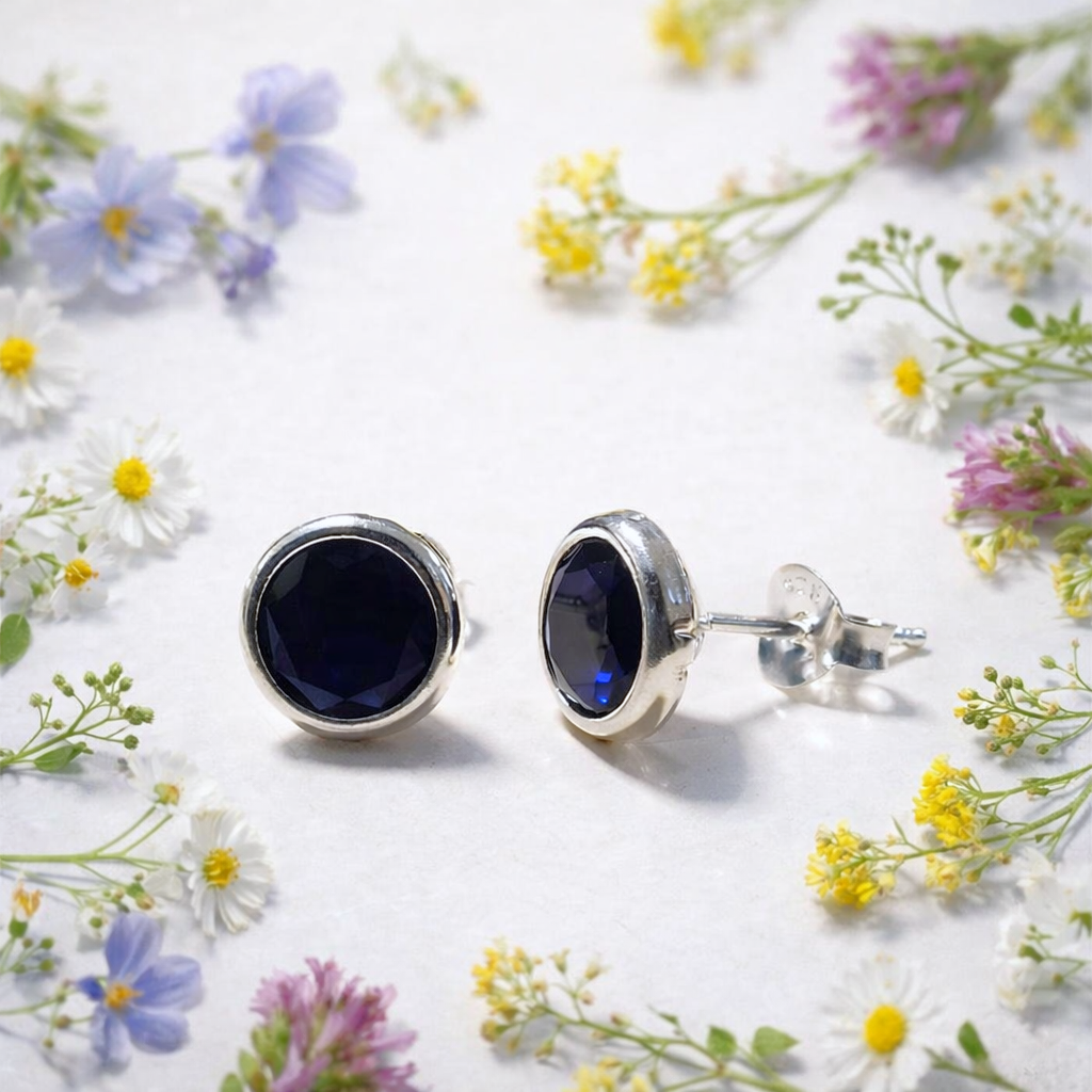 925 Sterling Silver Studs with Dark Blue Cubic Zirconia Stones
