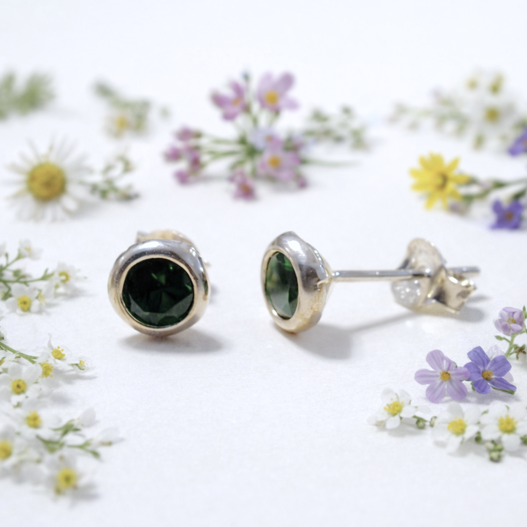 925 Sterling Silver Studs with Dark Green Cubic Zirconia Stones