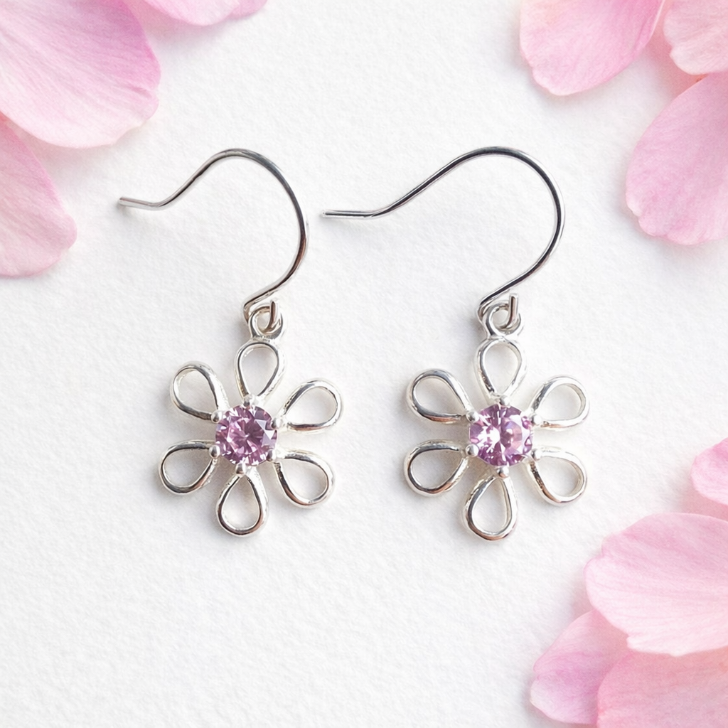 925 Sterling Silver Pink Flower Earrings