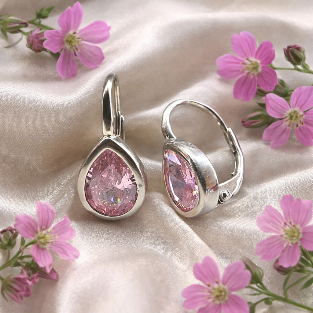 925 Sterling Silver Pink Teardrop Earrings