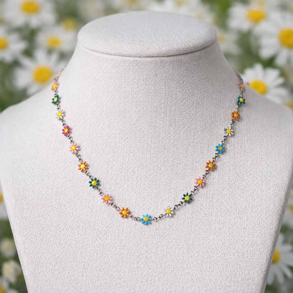 Multi-Colour Daisy Necklace (Silver Stainless Steel)