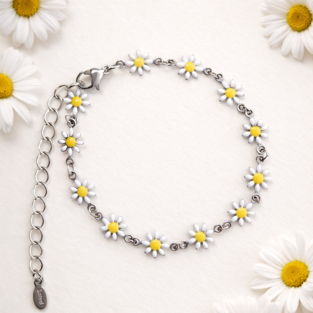 White Daisy Bracelet (Silver Stainless Steel)
