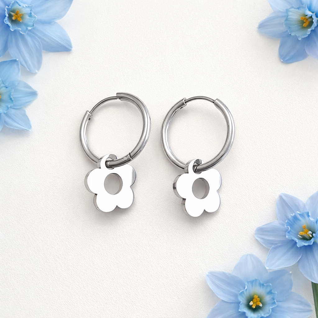 Silver Stainless Steel 1.5cm Flower Hoop Earrings