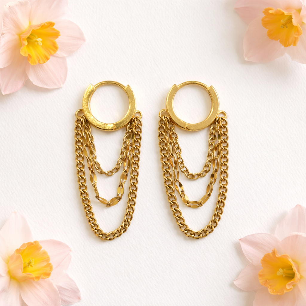 Gold Stainless Steel 1.3cm Hoop & Chain Earrings