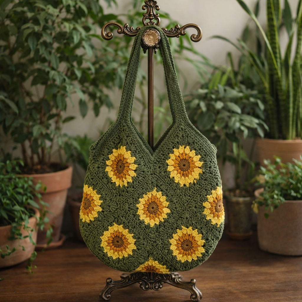Cotton Crochet Bag - Green Sunflowers