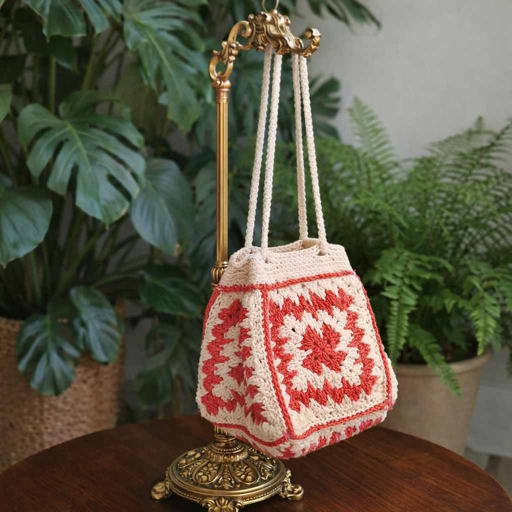 Cotton Crochet Bag - Pink and Cream