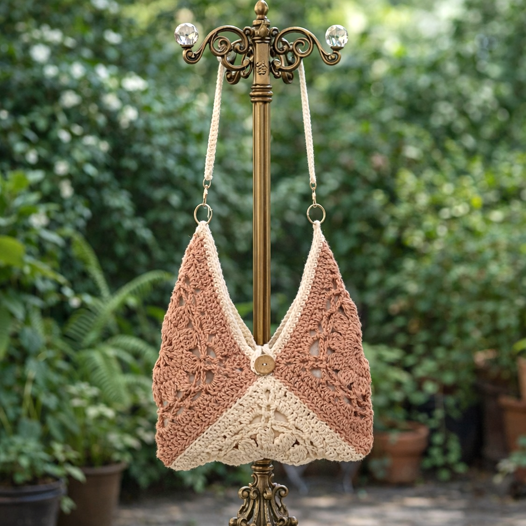 Cotton Crochet Bag - Peach & Cream