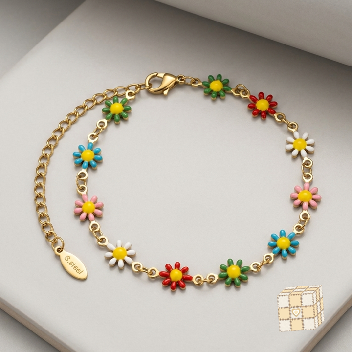 Multi-Colour Daisy Gold Stainless Steel Bracelet
