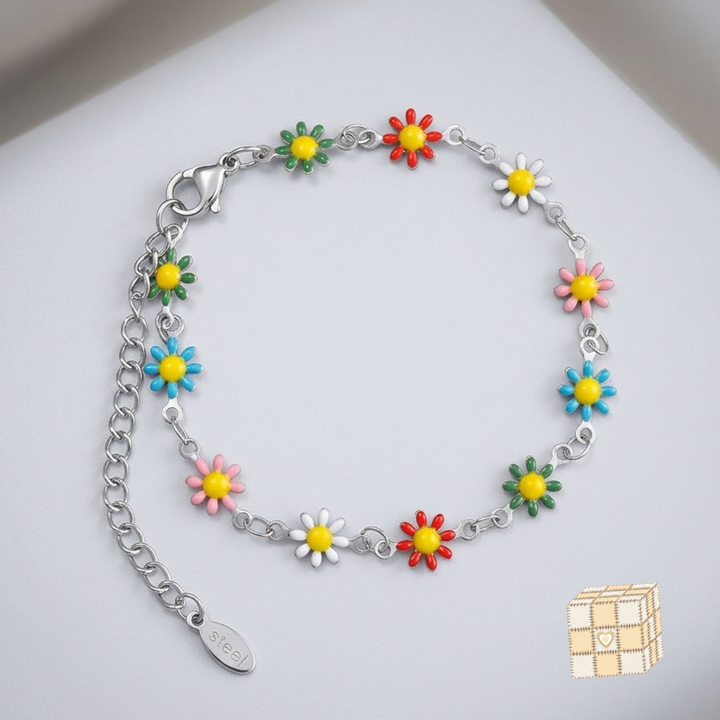 Multi-Colour Daisy Silver Stainless Steel Bracelet