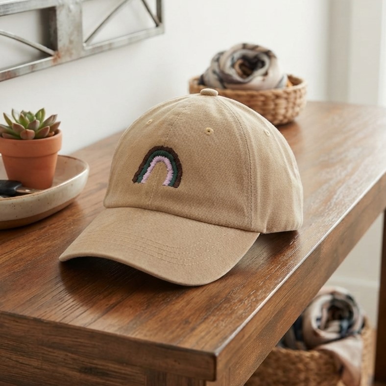 Beige Embroidered Cap - Rainbow