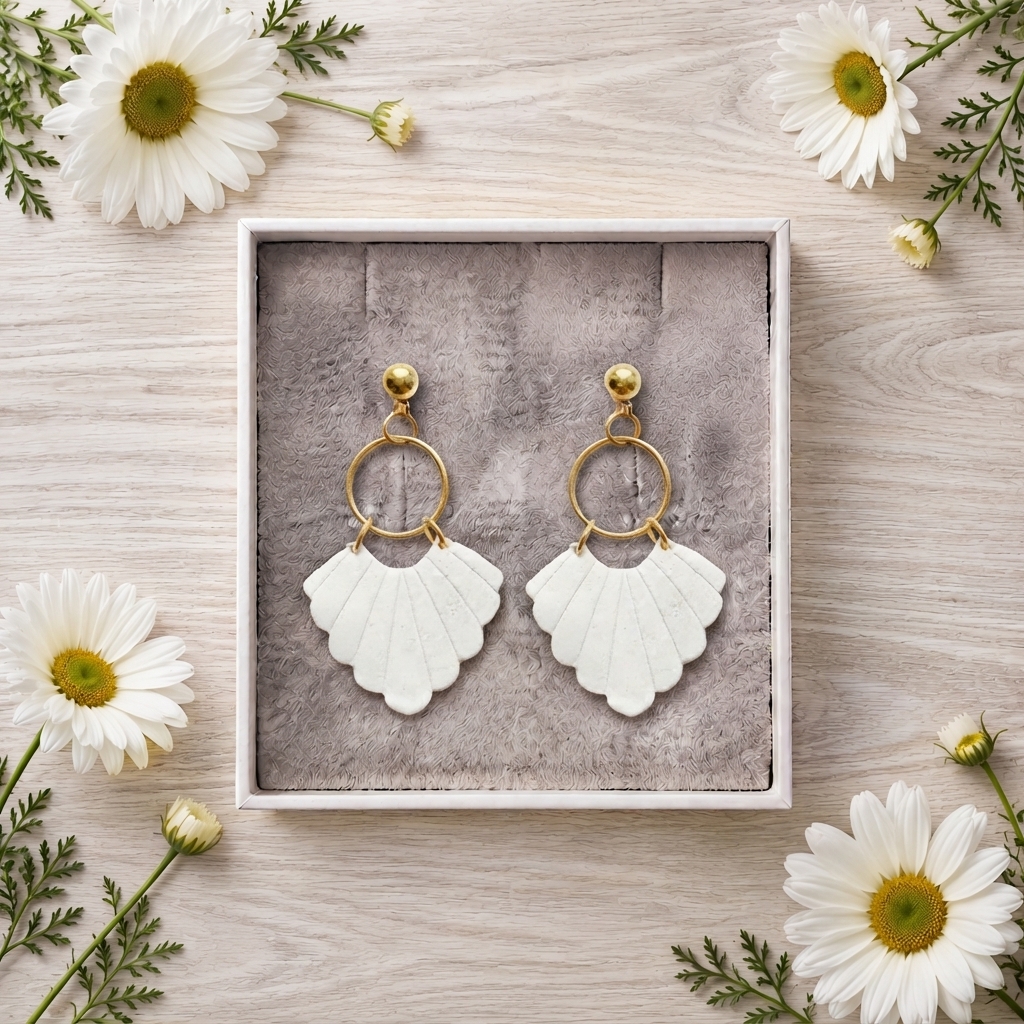 Gold and White Scallop Clay Stud Earrings