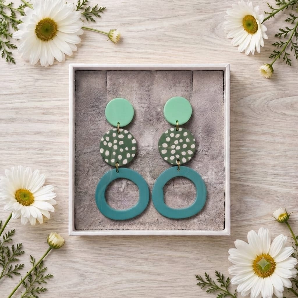 Green Three-Circle Clay Stud Earrings