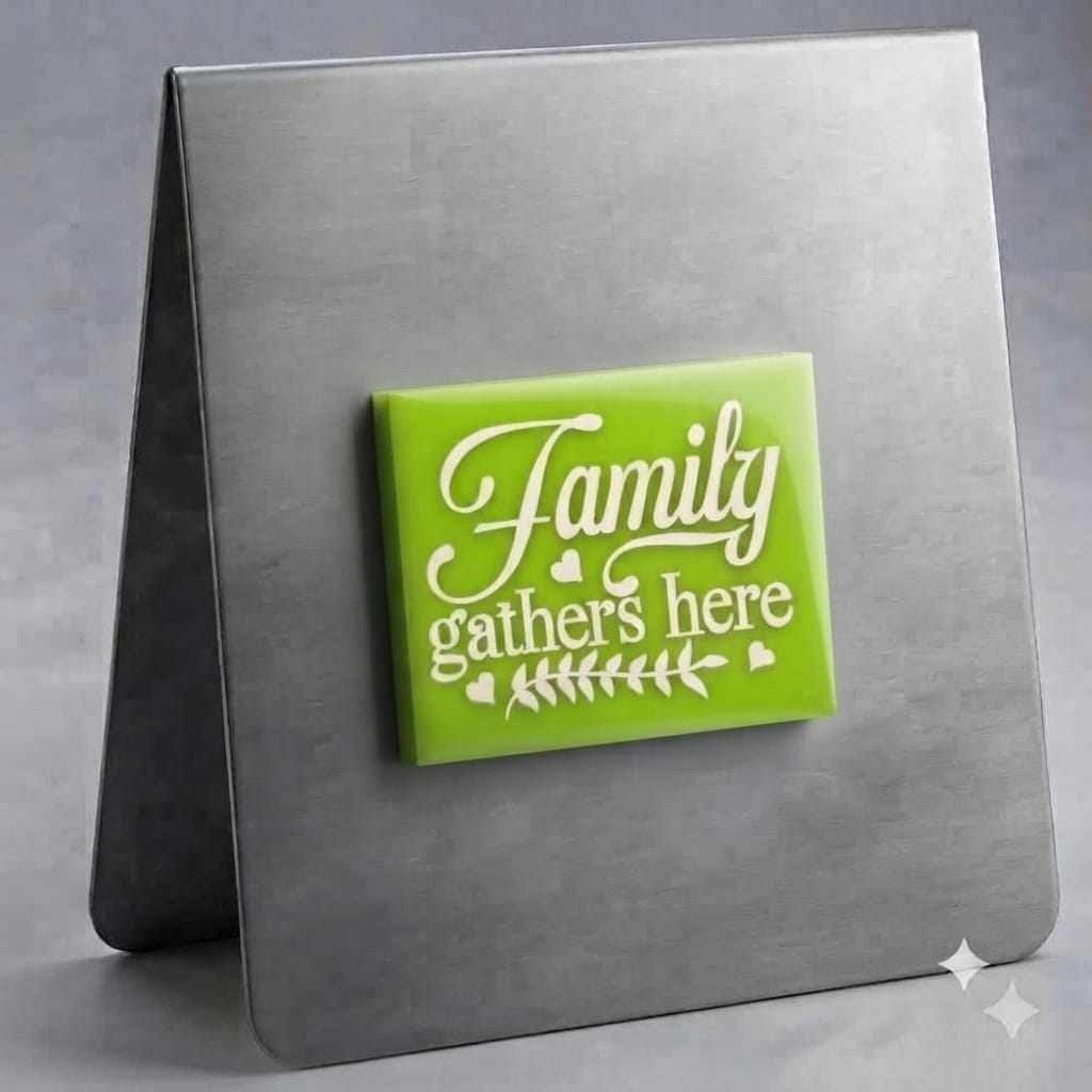 Family Gathers Here Magnet (White on Green)