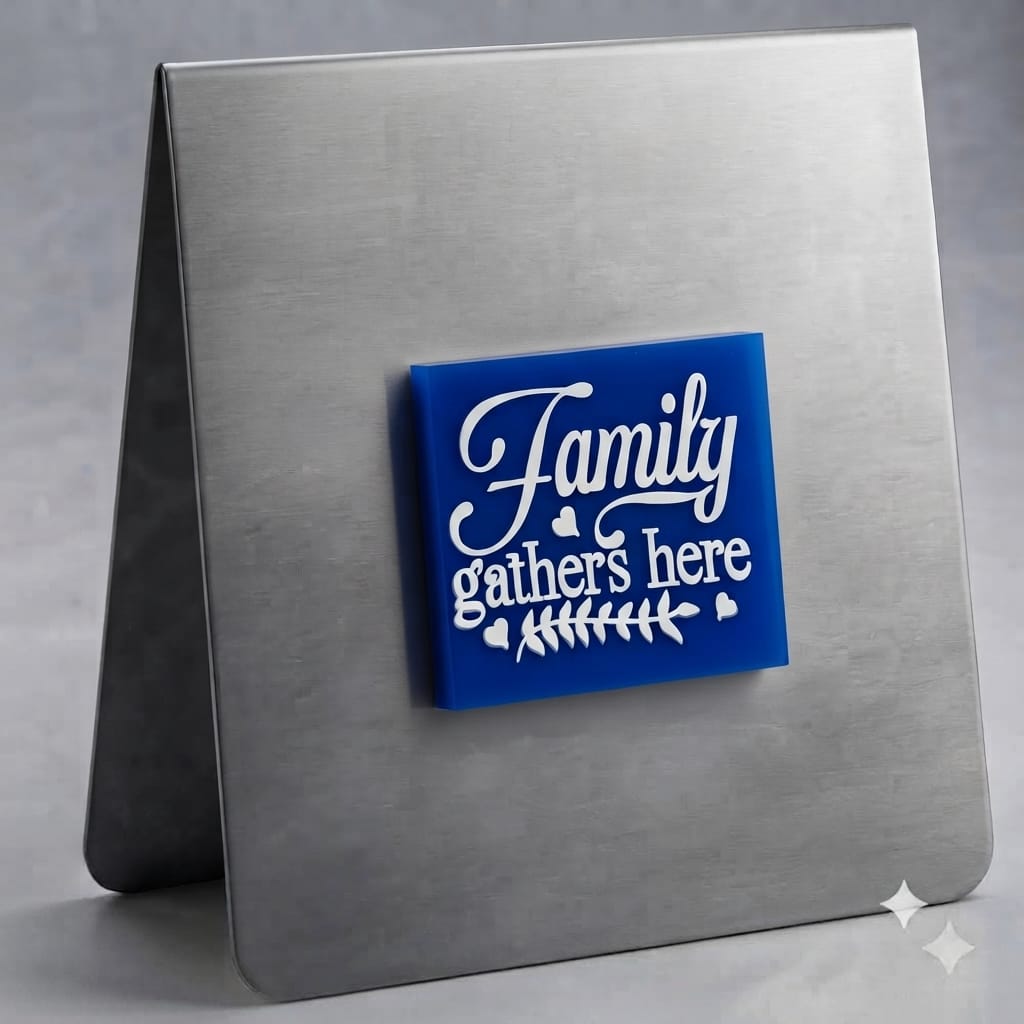 Family Gathers Here Magnet (White on Blue)