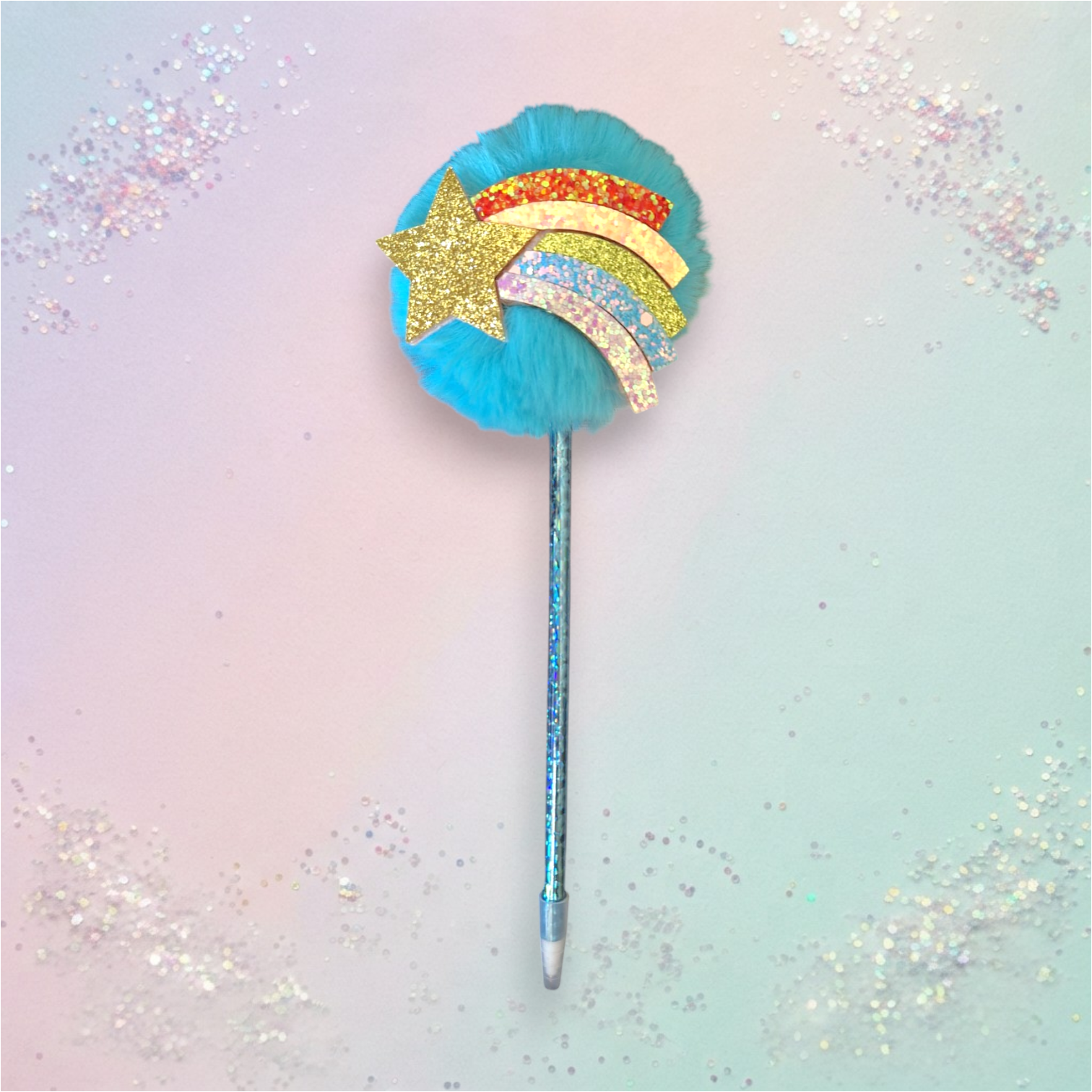 Rainbow Star Blue Pom Pom Pen