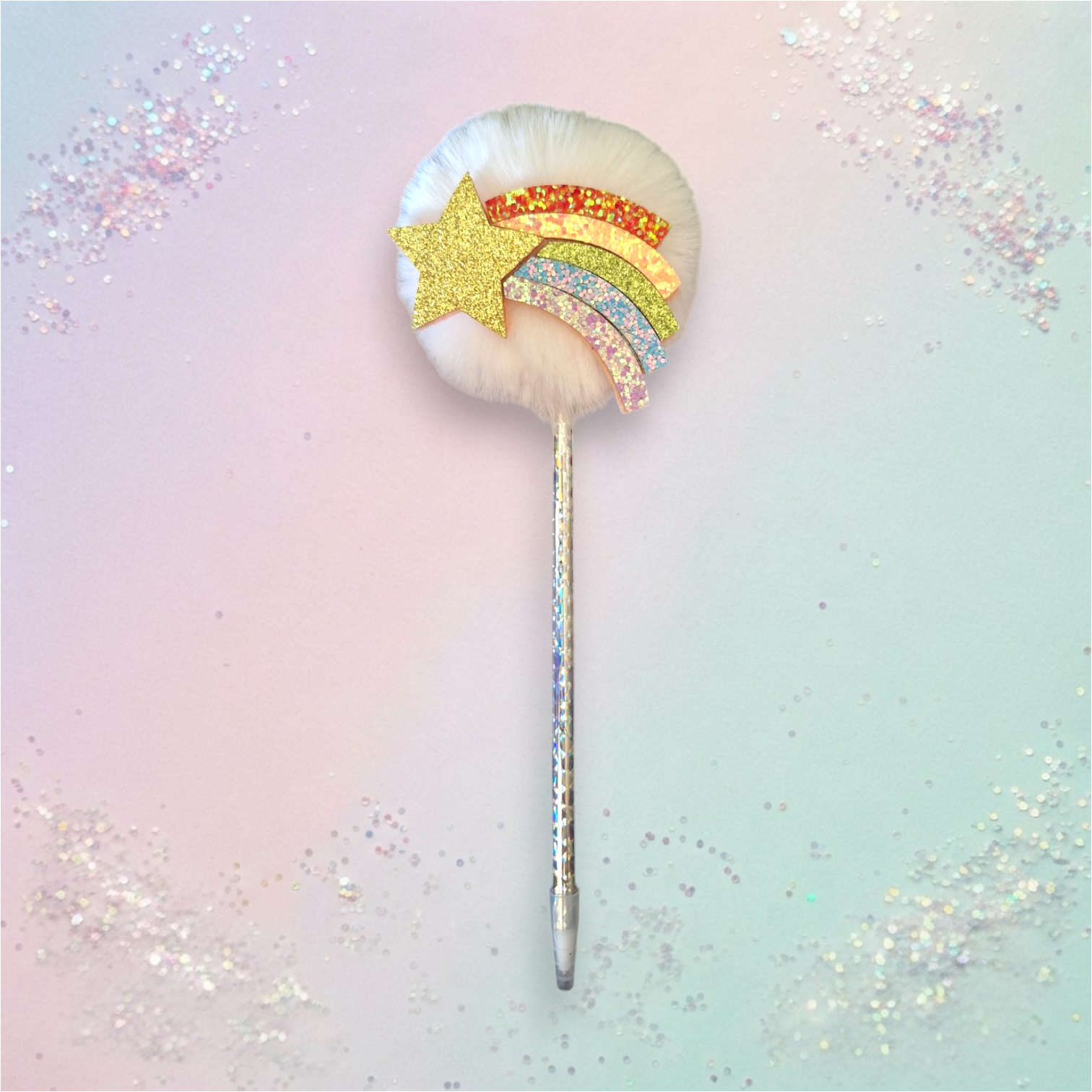 Rainbow Star White Pom Pom Pen